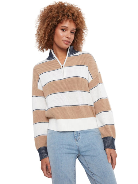 LONG SLEEVE DROP SHOULDER ZIPPED MOCK NECK STRIPED SWEATER SWEATER Charlie B S Camel 