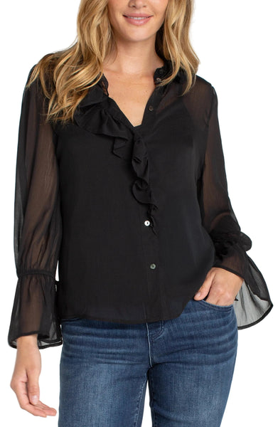 LONG SLEEVE SHEER RUFFLE FRONT WOVEN TOP Shirts & Tops Liverpool S Black/White 