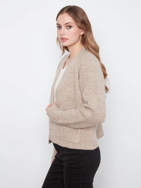 LONG SLEEVE TAUPE CARDIGAN WITH FRONT POCKETS Cardigan Charlie B 
