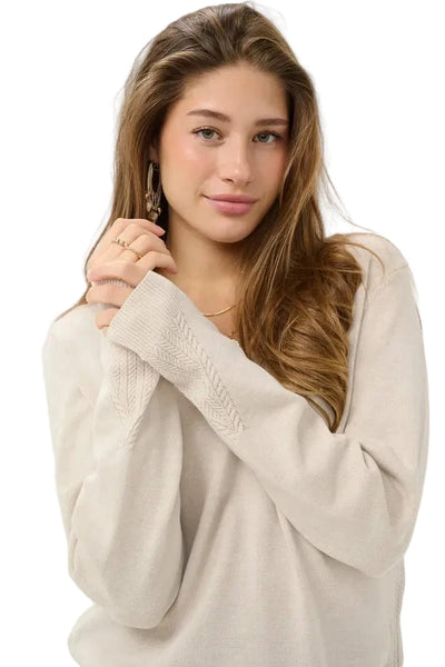 LONG SLEEVE V NECK BEIGE KNIT SWEATER Top CREAM 