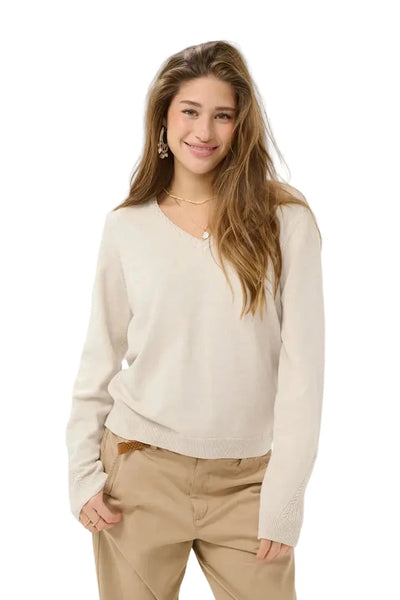 LONG SLEEVE V NECK BEIGE KNIT SWEATER Top CREAM XS Beige 