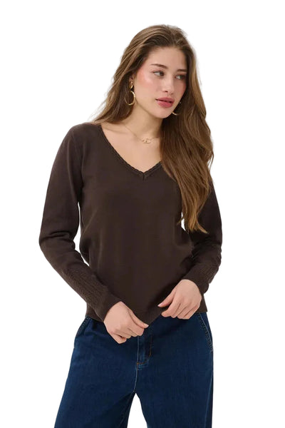 LONG SLEEVE V NECK JAVA KNIT SWEATER Top CREAM 