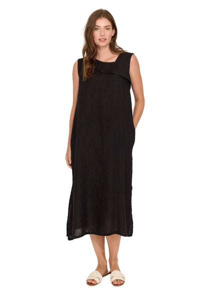 LONG SLEEVELESS DETAILED NECKLINE LINEN BLACK DRESS Dress Pistache XS Black 