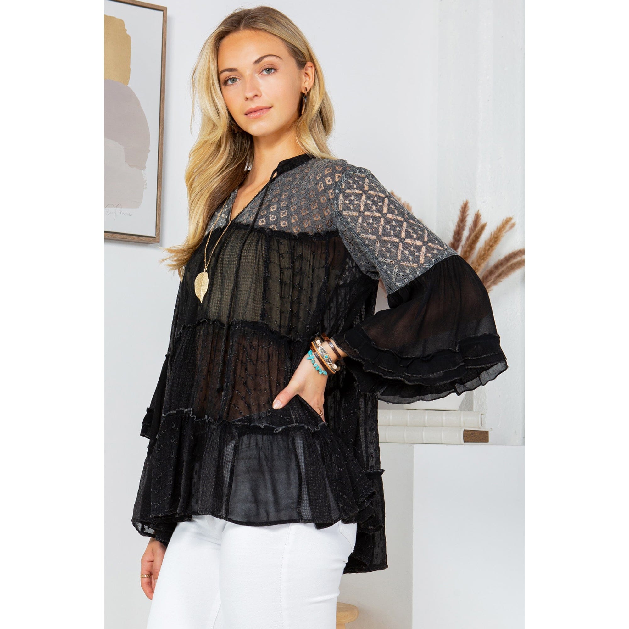 LOOSE FIT PATCHWORK RUFFLED TOP Top FashionWear Collection S Charcoal 