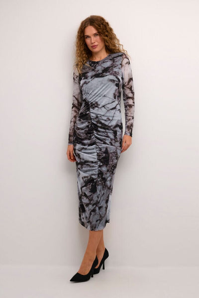 MESH RUCHED LONG TYE DYE DRESS Dress CULTURE S Grey 