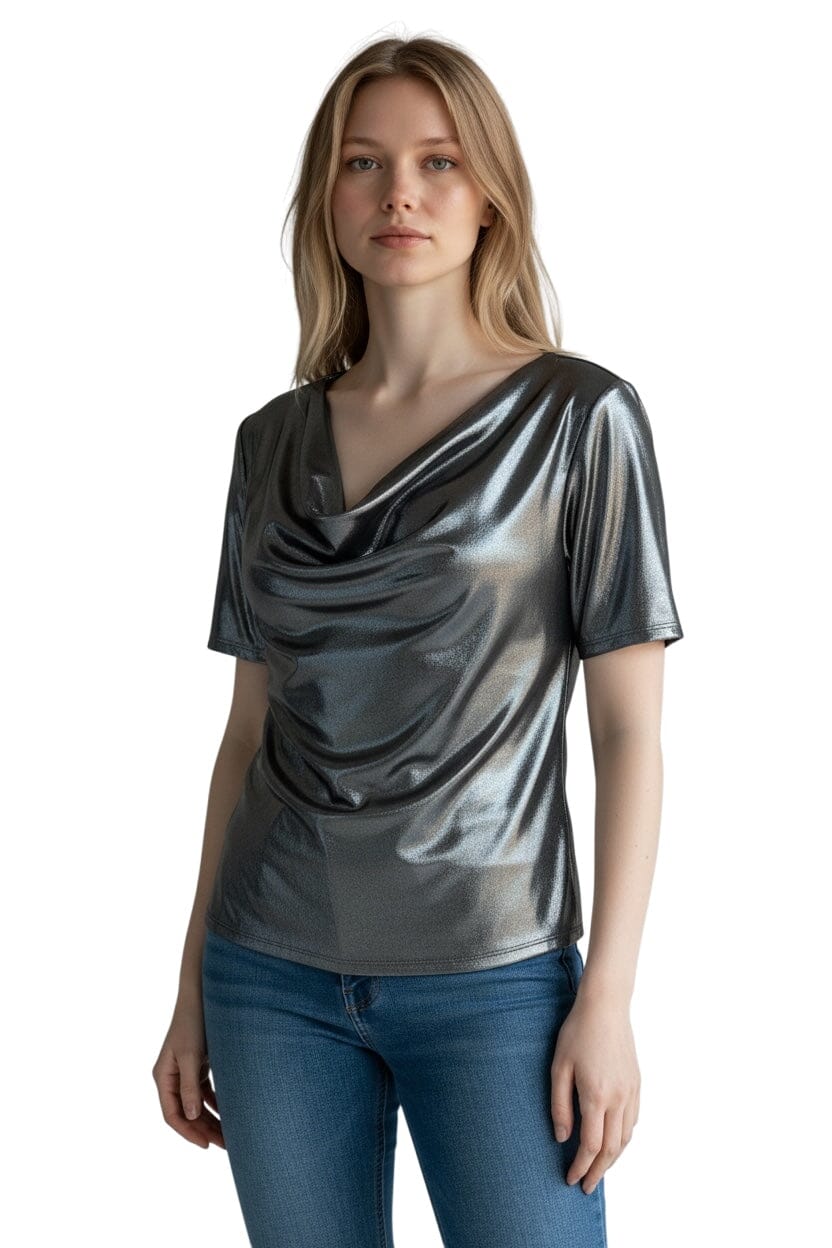 METALIC SILVER COWL NECK SPLIT SLEEVE TOP Top Bali 