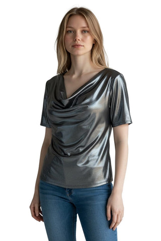 METALIC SILVER COWL NECK SPLIT SLEEVE TOP Top Bali 