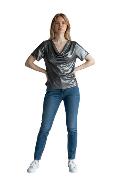 METALIC SILVER COWL NECK SPLIT SLEEVE TOP Top Bali 