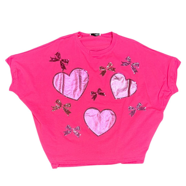 METALLIC HEART AND BOW APPLIQUE TOP Shirts & Tops FashionWear Collection S Fuchsia 