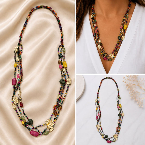MULTI COLOURED BEADED LONG LAYERED NECKLACE Necklaces FashionWear Collection 