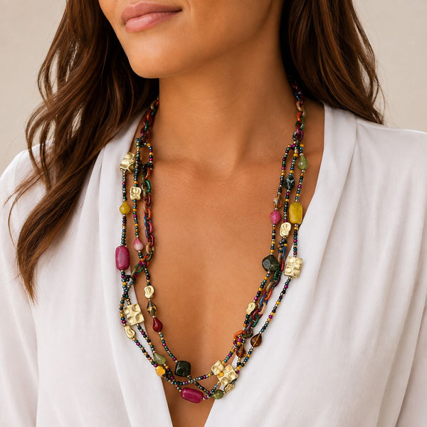 MULTI COLOURED BEADED LONG LAYERED NECKLACE Necklaces FashionWear Collection 