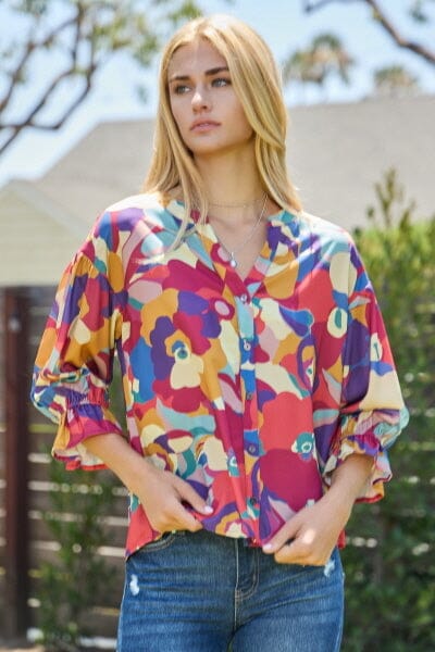 MULTI FLORAL RUFFLE SLEEVE TOP Top FashionWear Collection 