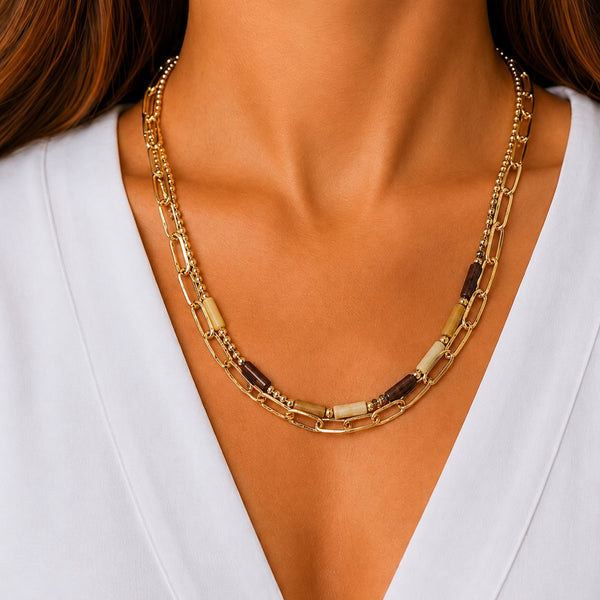 NATURAL MIXED BEADED GOLD CHAIN NECKLACE Necklaces FashionWear Collection 