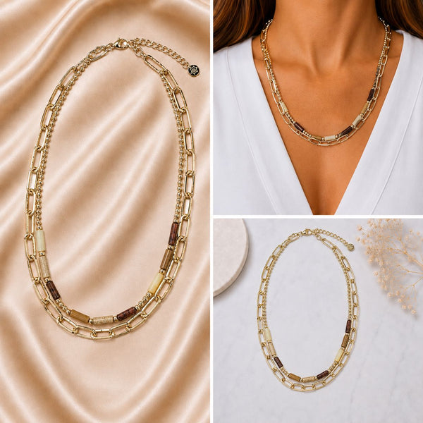 NATURAL MIXED BEADED GOLD CHAIN NECKLACE Necklaces FashionWear Collection 
