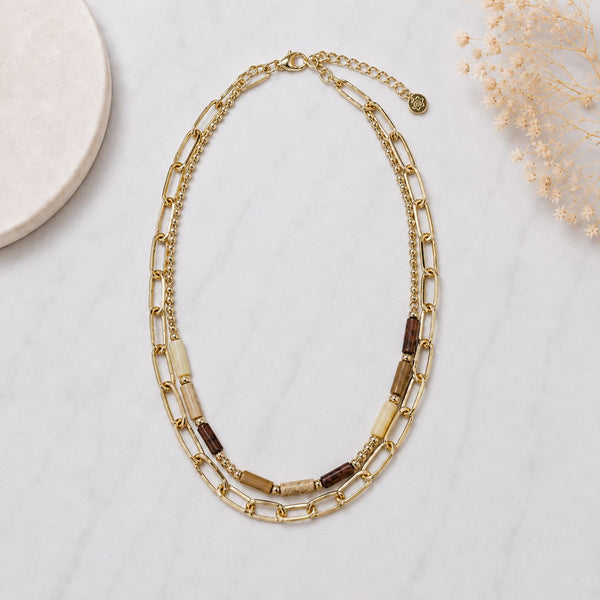 NATURAL MIXED BEADED GOLD CHAIN NECKLACE Necklaces FashionWear Collection 