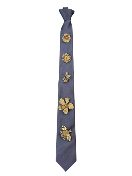 NAVY ADJUSTABLE NECK TIE NECKLACE WITH BROOCHES Necklaces FashionWear Collection Navy 