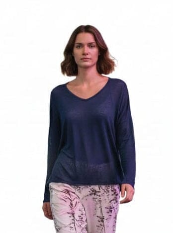 NAVY LONG SLEEVE LINEN AND KNITTED TOP Top Pistache XS Navy 