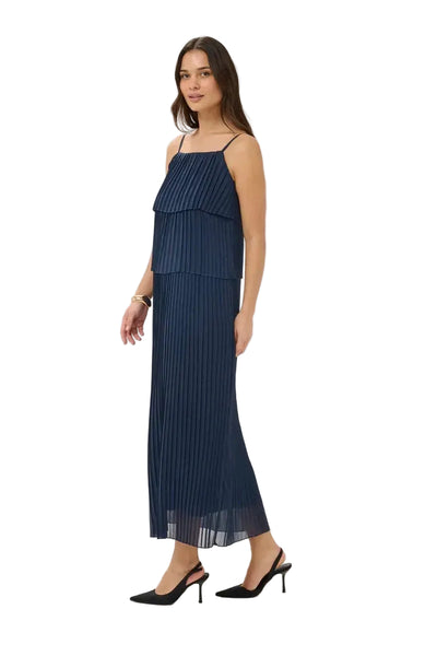 NAVY SPAGHETTI STRAP PLEATED LONG DRESS Dress Kaffe 