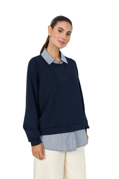 NAVY STRIPE COLLAR FOOLER SWEATER Shirts & Tops SOYACONCEPT S Navy/Stripe 