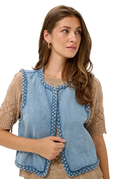 OPEN FRONT BRAIDED DENIM VEST Vest CREAM 34 Blue Denim 