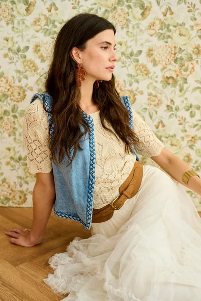 OPEN FRONT BRAIDED DENIM VEST Vest CREAM 
