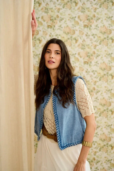 OPEN FRONT BRAIDED DENIM VEST Vest CREAM 