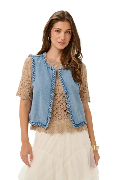 OPEN FRONT BRAIDED DENIM VEST Vest CREAM 