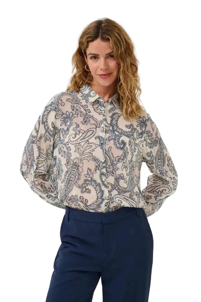 PAISLEY SHEER BUTTON DOWN SHIRT Shirts & Tops CREAM 34 Blue 