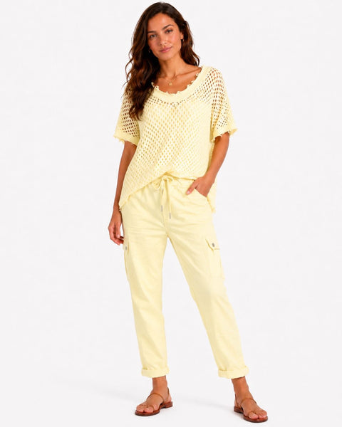 PALE YELLOW CRINKLE CARGO DRAWSTRING ELASTIC WAIST PANT Pants Made In Italy 