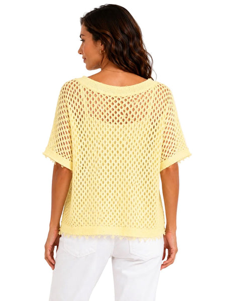 PALE YELLOW OPEN KNIT LINED DISTRESSED NECKLINE TOP Shirts & Tops Made In Italy 