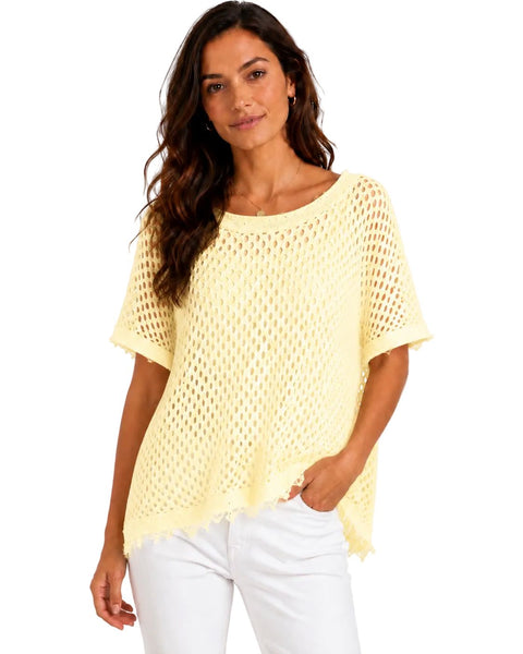 PALE YELLOW OPEN KNIT LINED DISTRESSED NECKLINE TOP Shirts & Tops Made In Italy One Size Pale Yellow 