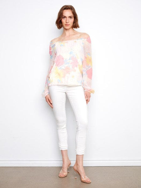 PASTEL PRINTED BALLOON SLEEVE OFF SHOULDER TOP Shirts & Tops Charlie B 