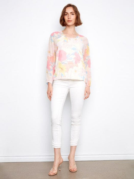 PASTEL PRINTED BALLOON SLEEVE OFF SHOULDER TOP Shirts & Tops Charlie B 