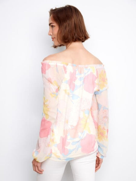 PASTEL PRINTED BALLOON SLEEVE OFF SHOULDER TOP Shirts & Tops Charlie B 