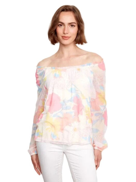 PASTEL PRINTED BALLOON SLEEVE OFF SHOULDER TOP Shirts & Tops Charlie B XS Romantic 680B 