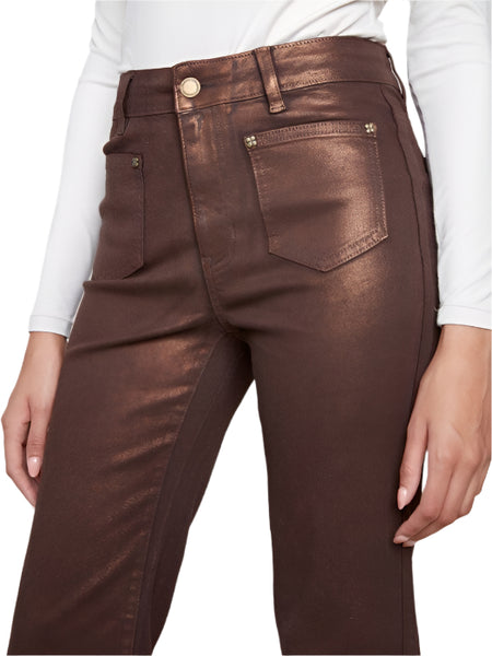 PATCH POCKET FLARED BRONZE METALLIC TWILL PANTS WITH RIVETS Pant Charlie B 