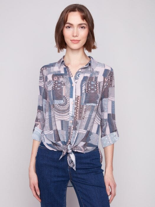 PATCHWORK PRINT BUTTON UP BLOUSE Shirt Charlie B XS Patchwork Print 