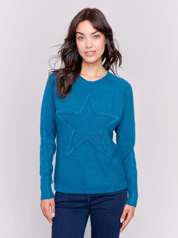 PEACOCK FRINGE STAR EMBROIDERED PLUSH SWEATER Sweater Charlie B. XS Peacock Blue 