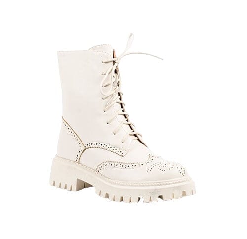 PERFORATED DESIGN CREAM TIE UP BOOTS Shoes Little Empress 