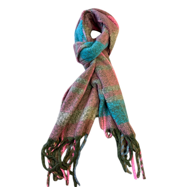 PINK BLUE MIX SOFT PLAID FRINGE SCARF Scarf FashionWear Canada 