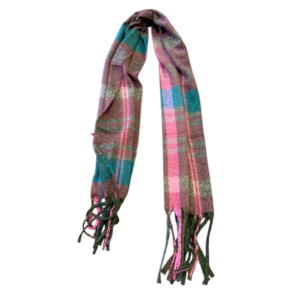 PINK BLUE MIX SOFT PLAID FRINGE SCARF Scarf FashionWear Canada 