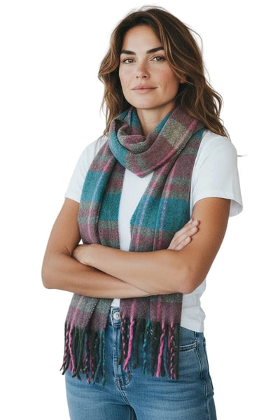PINK BLUE MIX SOFT PLAID FRINGE SCARF Scarf FashionWear Canada Pink/Blue 