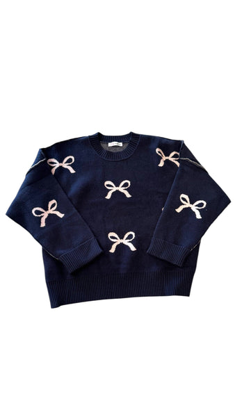 PINK BOW CUFFED SLEEVE NAVY SWEATER SWEATER FashionWear Collection 