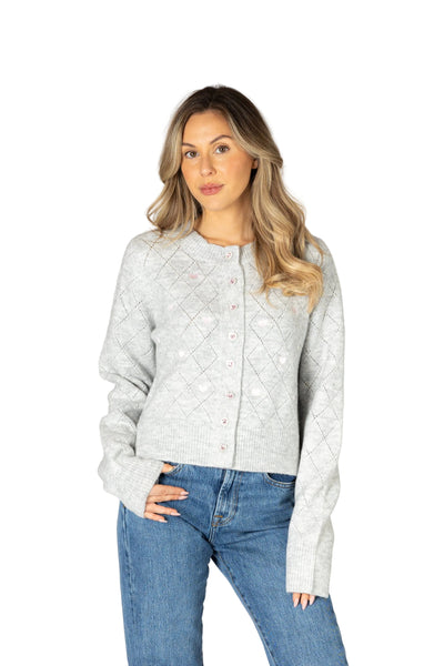 PINK CRYSTAL HEART DIAMOND POINTELLE CARDIGAN Cardigan LYLA + LUXE XS Dove/Pink Hearts 