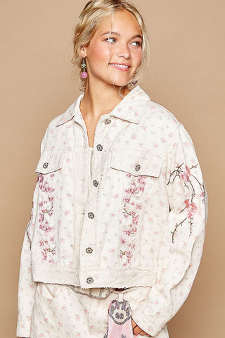 PINK EMBROIDERED DAINTY FLOWER ROSE JACKET Jacket FashionWear Collection S Pink Roses/Off White 