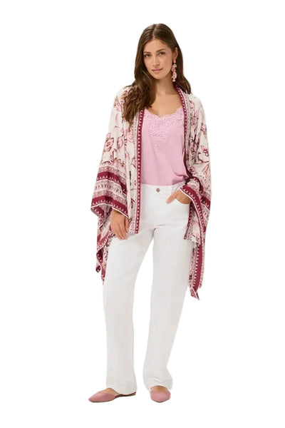 PINK FLORAL PRINT SHORT KIMONO Tank Top CREAM 