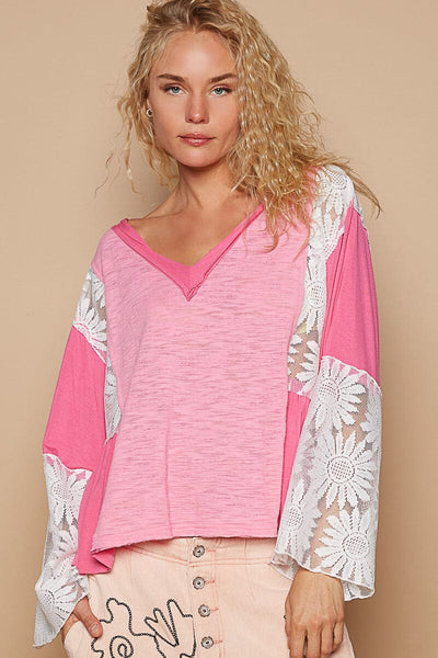 PINK FLOWY LACE TRIM MIX TOP Top FashionWear Collection 