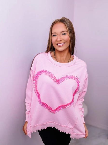 PINK FOIL RUFFLE HEART DROP SLEEVE SWEATSHIRT Shirts & Tops FashionWear Collection 