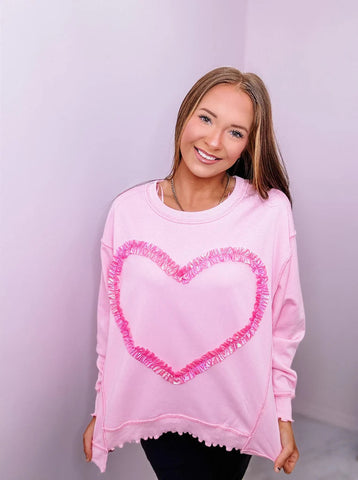 PINK FOIL RUFFLE HEART DROP SLEEVE SWEATSHIRT Shirts & Tops FashionWear Collection S Fuchsia 