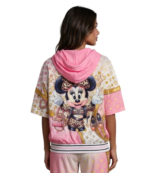 PINK MIX CUTE CHARACTER HOODY TOP WITH ELASTIC WAIST PANT SET Pants Made In Italy 